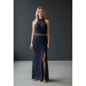 B. Darlin Midnite Navy Sequin Lace 2 Piece Maxi Dress 9/10 Whimsigoth Boho Glam